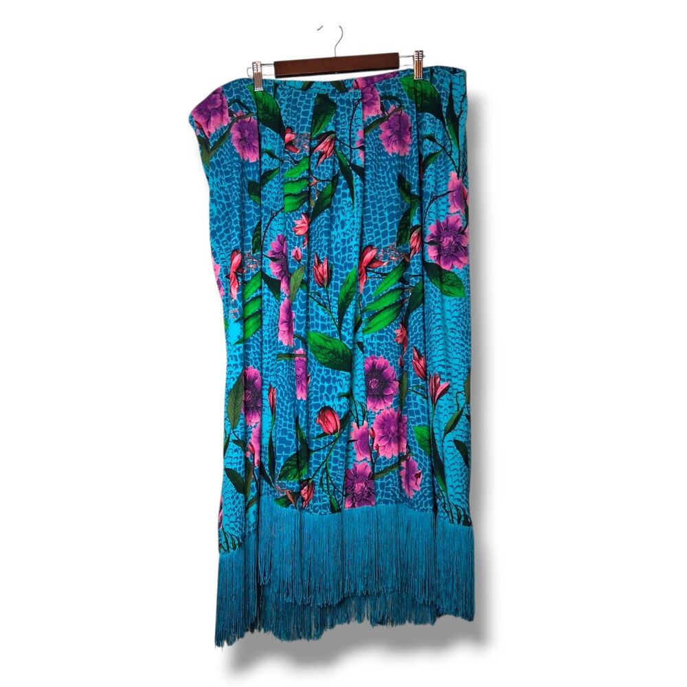 Attitudes by Renee Jersey Fringe Maxi Skirt Floral 3X Blue Pink